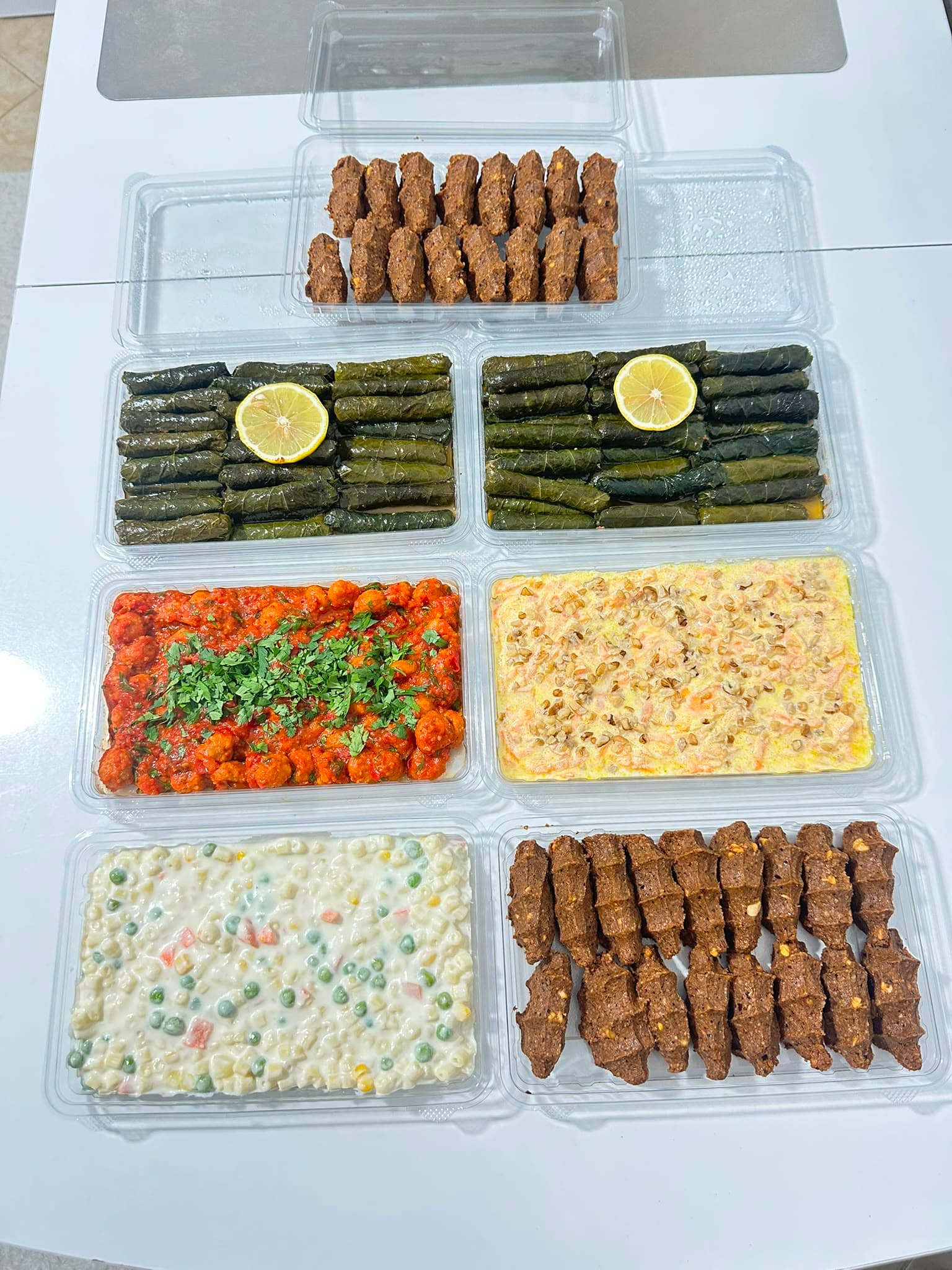 Yukarıdan görünüm: yaprak sarma, köfte ve salata kutuları