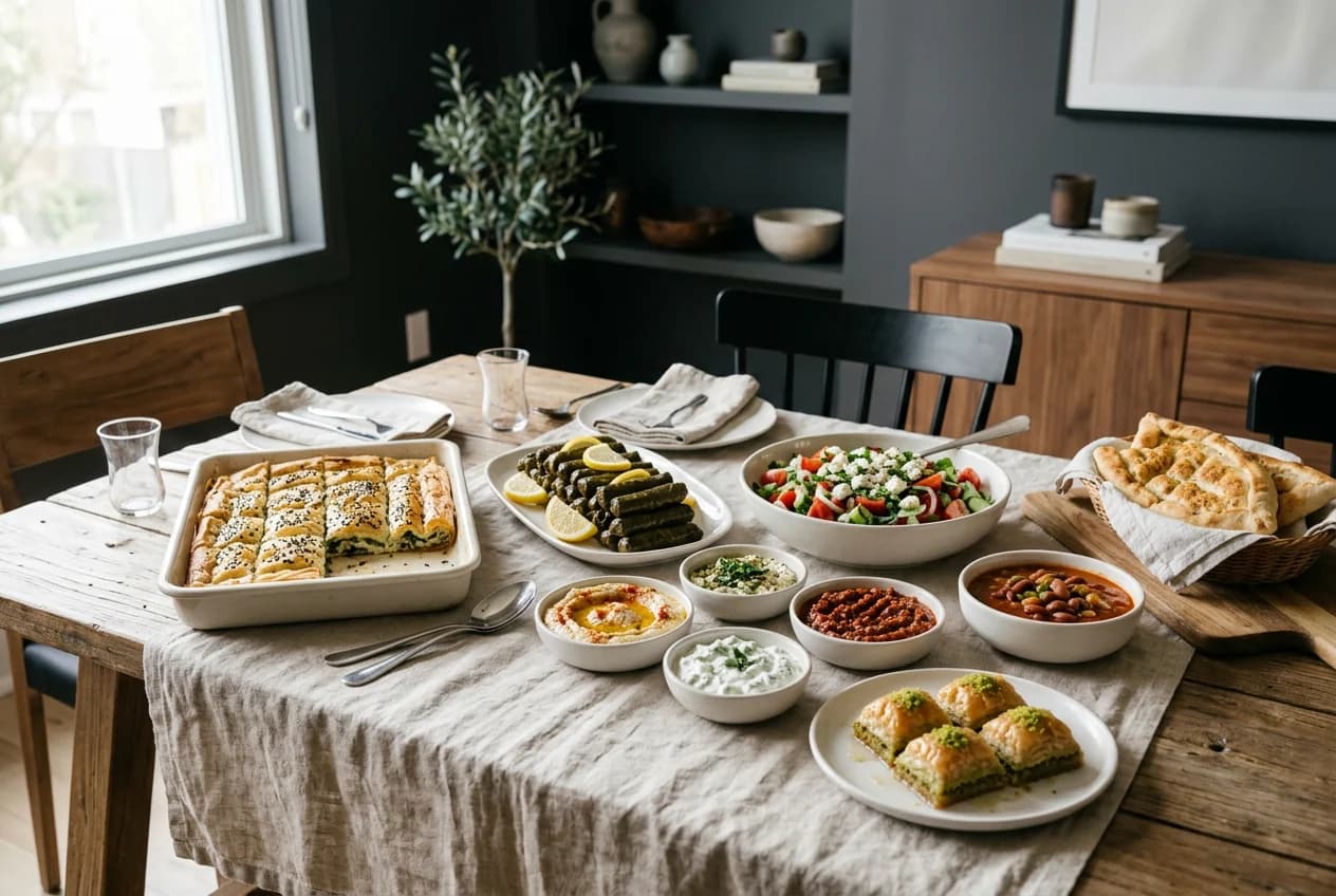 Börek, sarma ve mezelerle hazırlanmış sofra